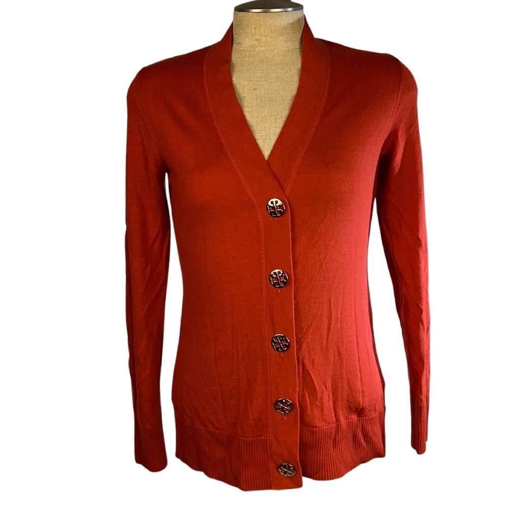 Tory Burch cardigan sweater, button-down, Hallmark Tory Burch gold tone buttons